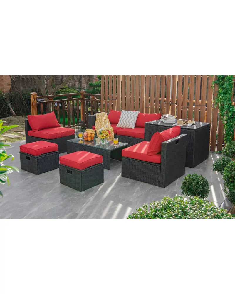 8 Pieces Patio Rattan Storage Table Furniture Set-Red - Red - Outdoor Sectionals