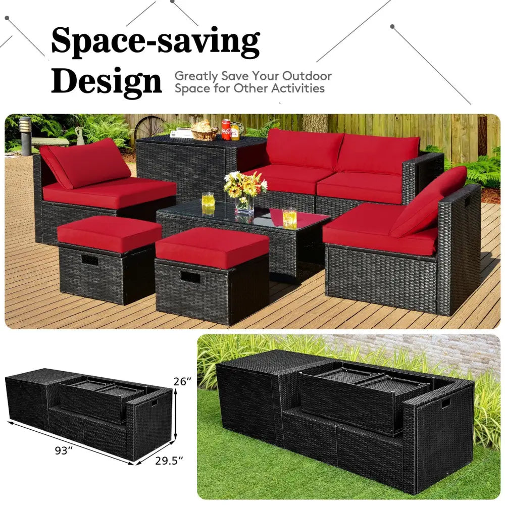 8 Pieces Patio Rattan Storage Table Furniture Set-Red - Red - Outdoor Sectionals