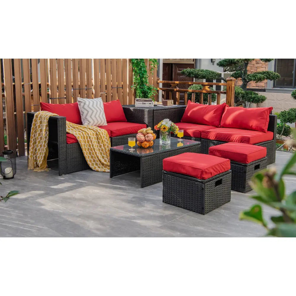 8 Pieces Patio Rattan Storage Table Furniture Set-Red - Red - Outdoor Sectionals