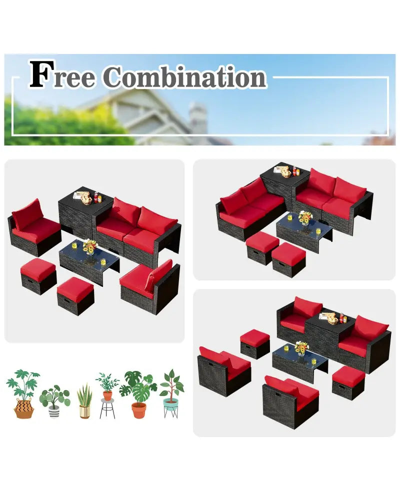 8 Pieces Patio Rattan Storage Table Furniture Set-Red - Red - Outdoor Sectionals