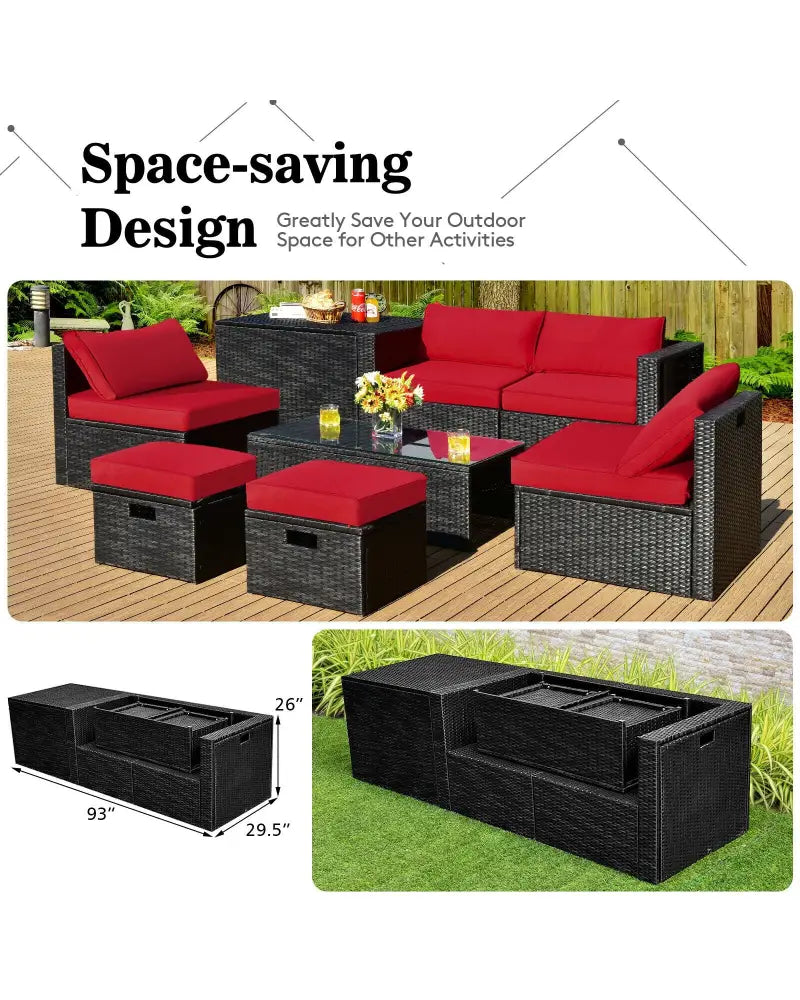 8 Pieces Patio Rattan Storage Table Furniture Set-Red - Red - Outdoor Sectionals
