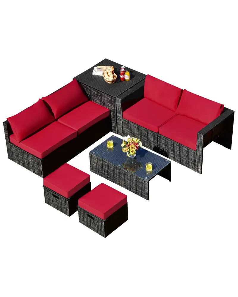8 Pieces Patio Rattan Storage Table Furniture Set-Red - Red - Outdoor Sectionals
