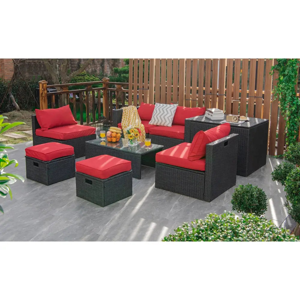8 Pieces Patio Rattan Storage Table Furniture Set-Red - Red - Outdoor Sectionals