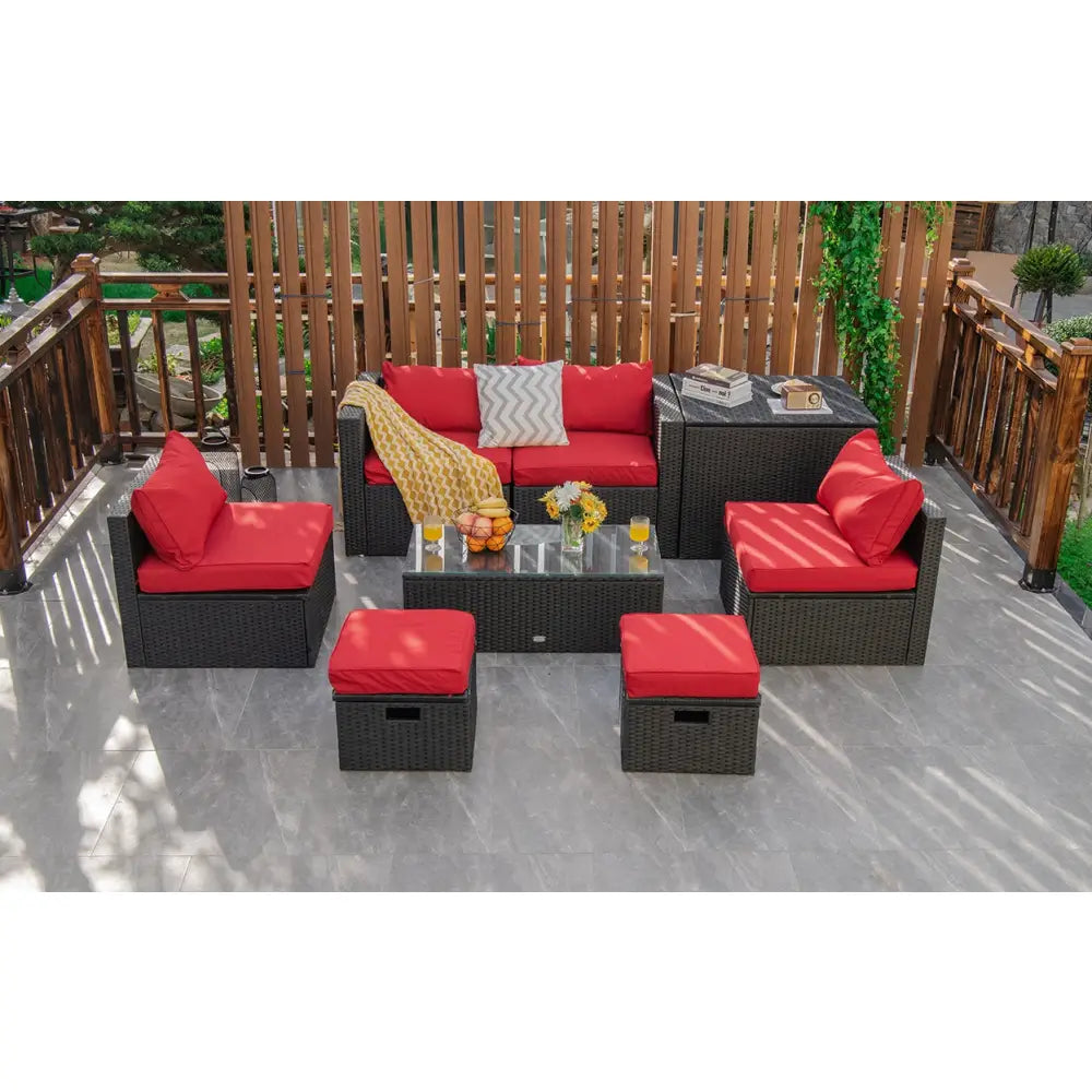 8 Pieces Patio Rattan Storage Table Furniture Set-Red - Red - Outdoor Sectionals