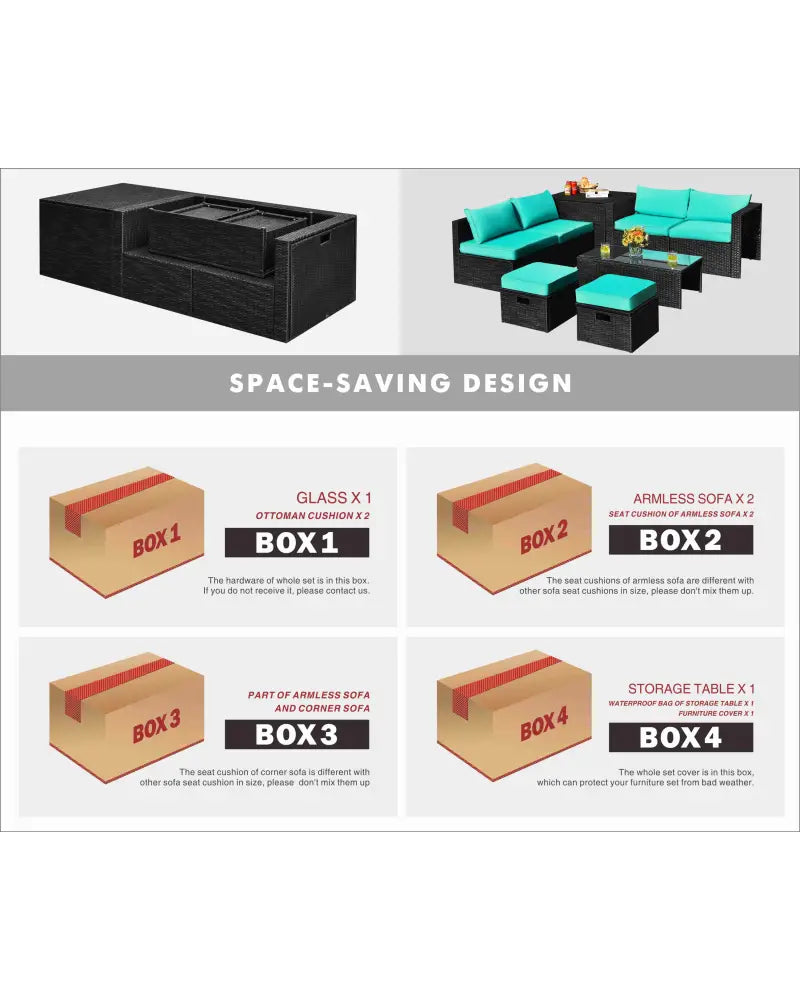 8 Pieces Patio Rattan Storage Table Furniture Set-Turquoise - Turquoise - Outdoor Sectionals