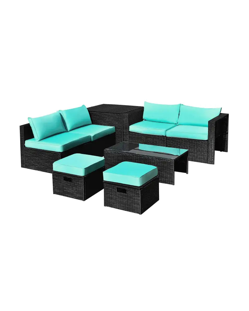 8 Pieces Patio Rattan Storage Table Furniture Set-Turquoise - Turquoise - Outdoor Sectionals