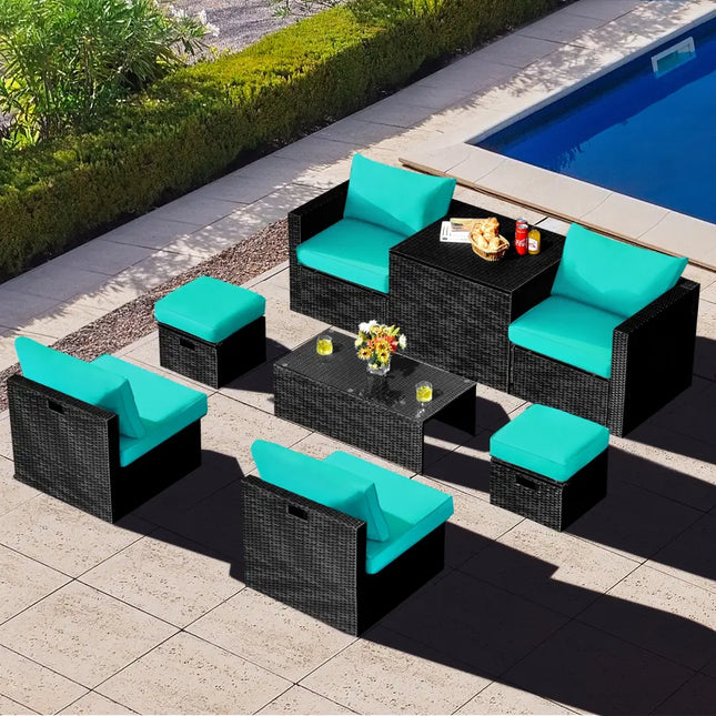 8 Pieces Patio Rattan Storage Table Furniture Set-Turquoise - Turquoise - Outdoor Sectionals