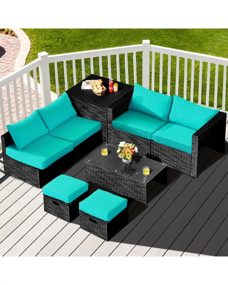 8 Pieces Patio Rattan Storage Table Furniture Set-Turquoise - Turquoise - Outdoor Sectionals