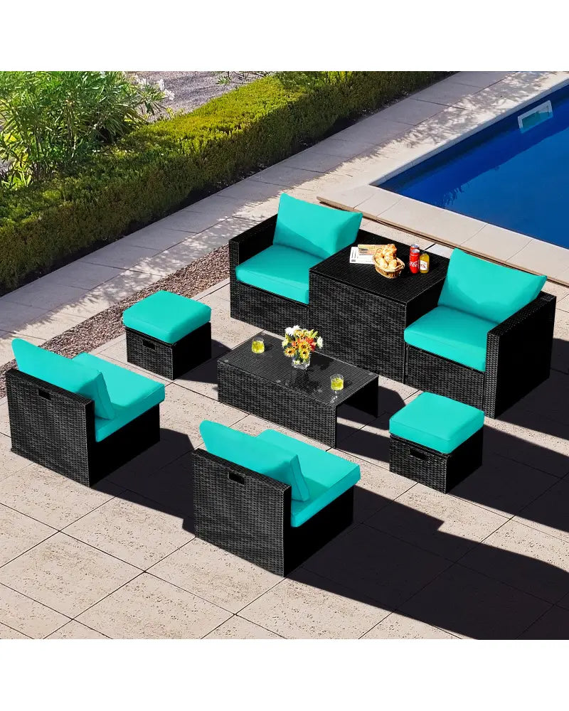 8 Pieces Patio Rattan Storage Table Furniture Set-Turquoise - Turquoise - Outdoor Sectionals