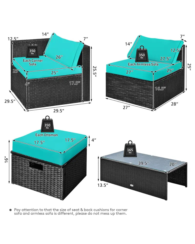 8 Pieces Patio Rattan Storage Table Furniture Set-Turquoise - Turquoise - Outdoor Sectionals