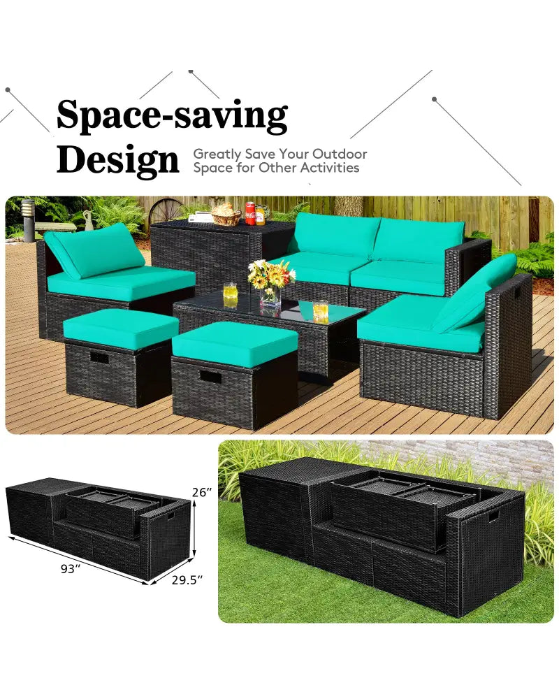 8 Pieces Patio Rattan Storage Table Furniture Set-Turquoise - Turquoise - Outdoor Sectionals