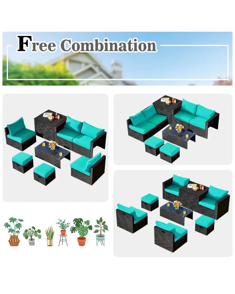 8 Pieces Patio Rattan Storage Table Furniture Set-Turquoise - Turquoise - Outdoor Sectionals