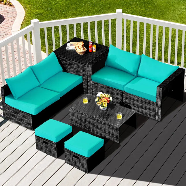 8 Pieces Patio Rattan Storage Table Furniture Set-Turquoise - Turquoise - Outdoor Sectionals