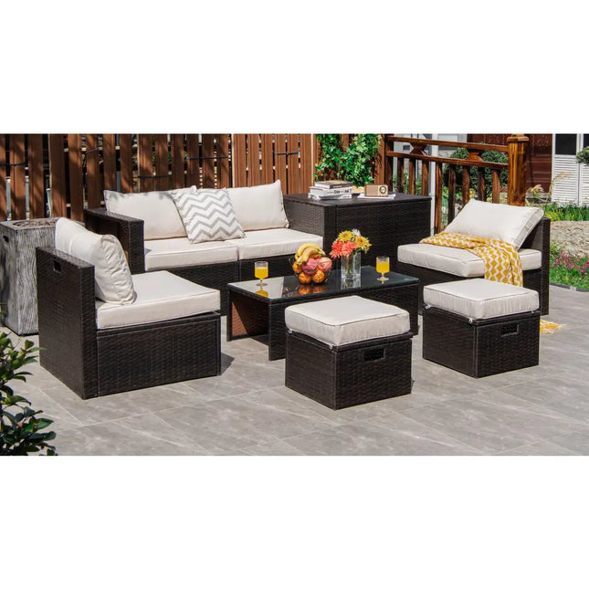 8 Pieces Patio Space-Saving Rattan Furniture Set with Storage Box and Waterproof Cover-White - White - Outdoor