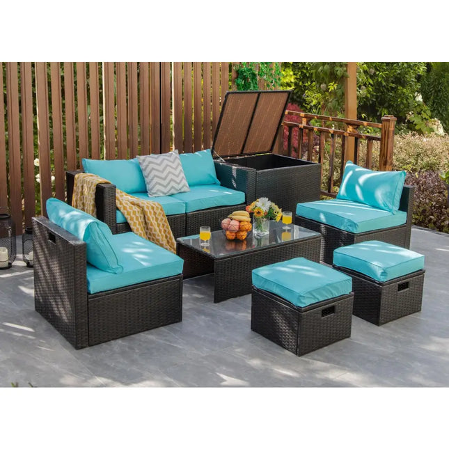 8 Pieces Patio Space-Saving Rattan Furniture Set with Storage Box and Waterproof Cover-Turquoise - Turquoise - Outdoor