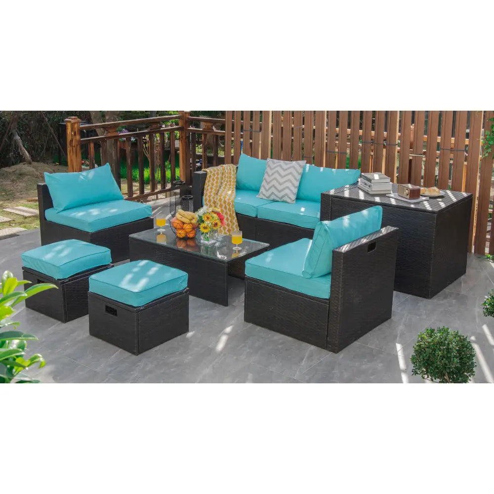 8 Pieces Patio Space-Saving Rattan Furniture Set with Storage Box and Waterproof Cover-Turquoise - Turquoise - Outdoor