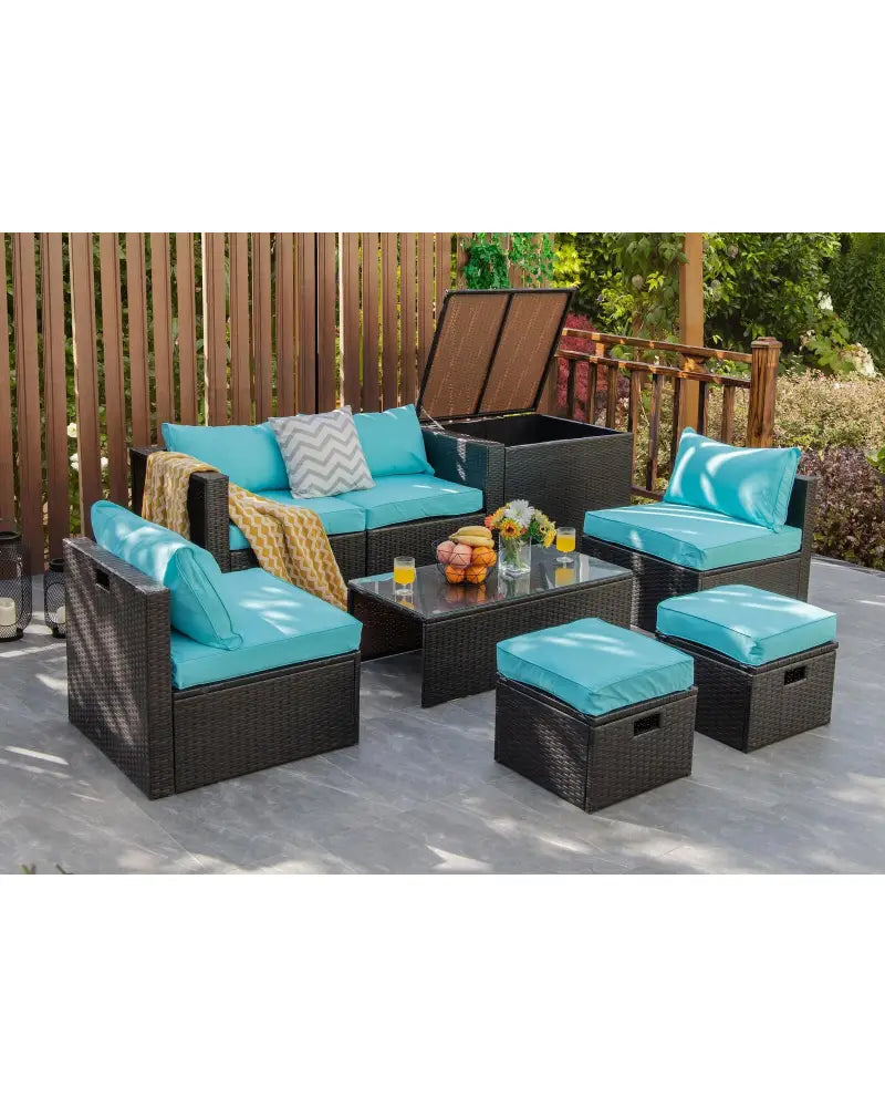 8 Pieces Patio Space-Saving Rattan Furniture Set with Storage Box and Waterproof Cover-Turquoise - Turquoise - Outdoor