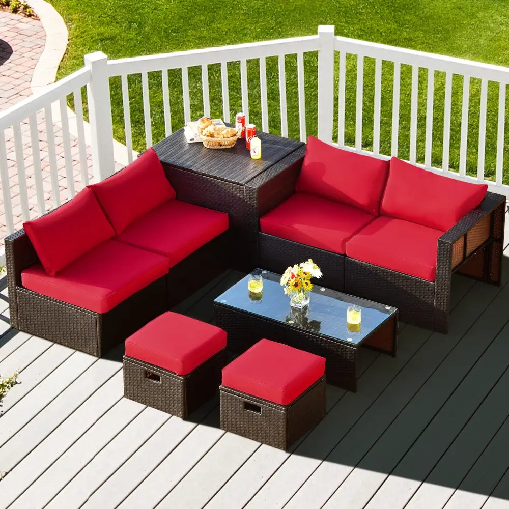 8 Pieces Patio Space-Saving Rattan Furniture Set with Storage Box and Waterproof Cover-Red - Red - Outdoor Sectionals