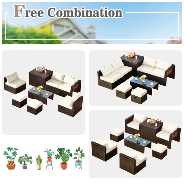 8 Pieces Patio Space-Saving Rattan Furniture Set with Storage Box and Waterproof Cover-White - White - Outdoor