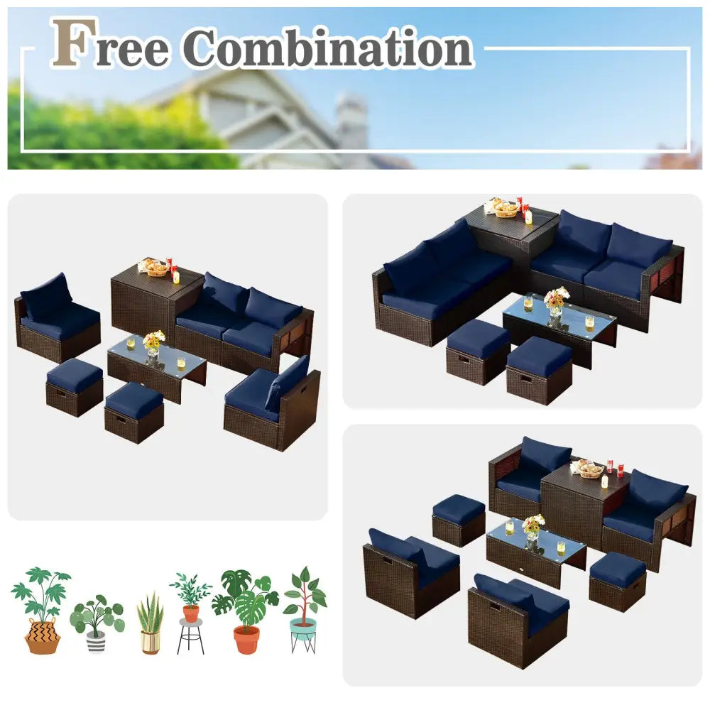 8 Pieces Patio Space-Saving Rattan Furniture Set with Storage Box and Waterproof Cover-Navy - Navy - Outdoor Sectionals