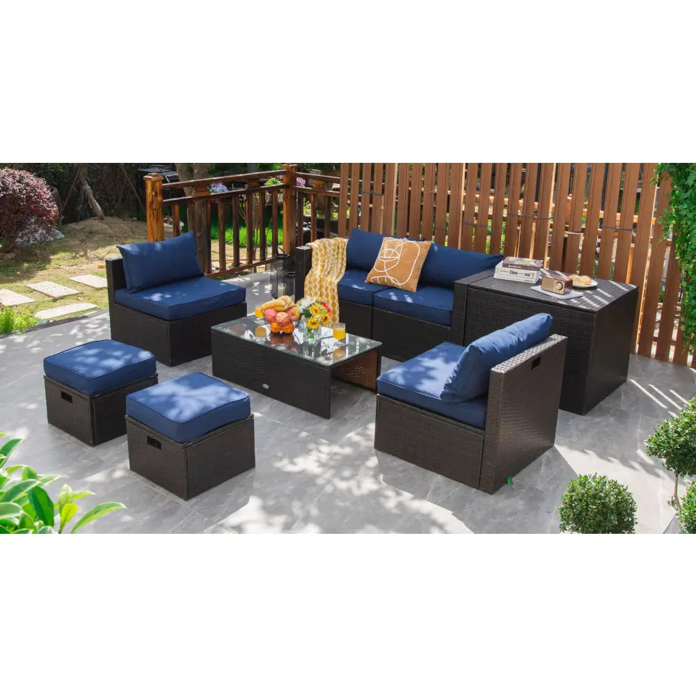 8 Pieces Patio Space-Saving Rattan Furniture Set with Storage Box and Waterproof Cover-Navy - Navy - Outdoor Sectionals
