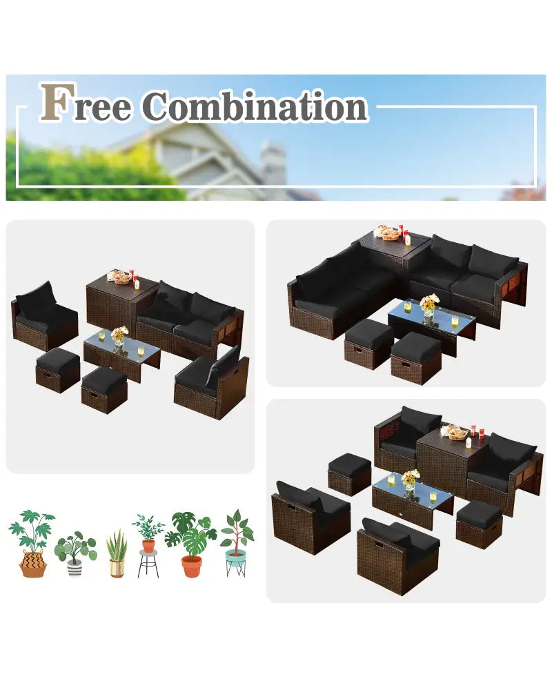 8 Pieces Patio Space-Saving Rattan Furniture Set with Storage Box and Waterproof Cover-Black - Black - Outdoor
