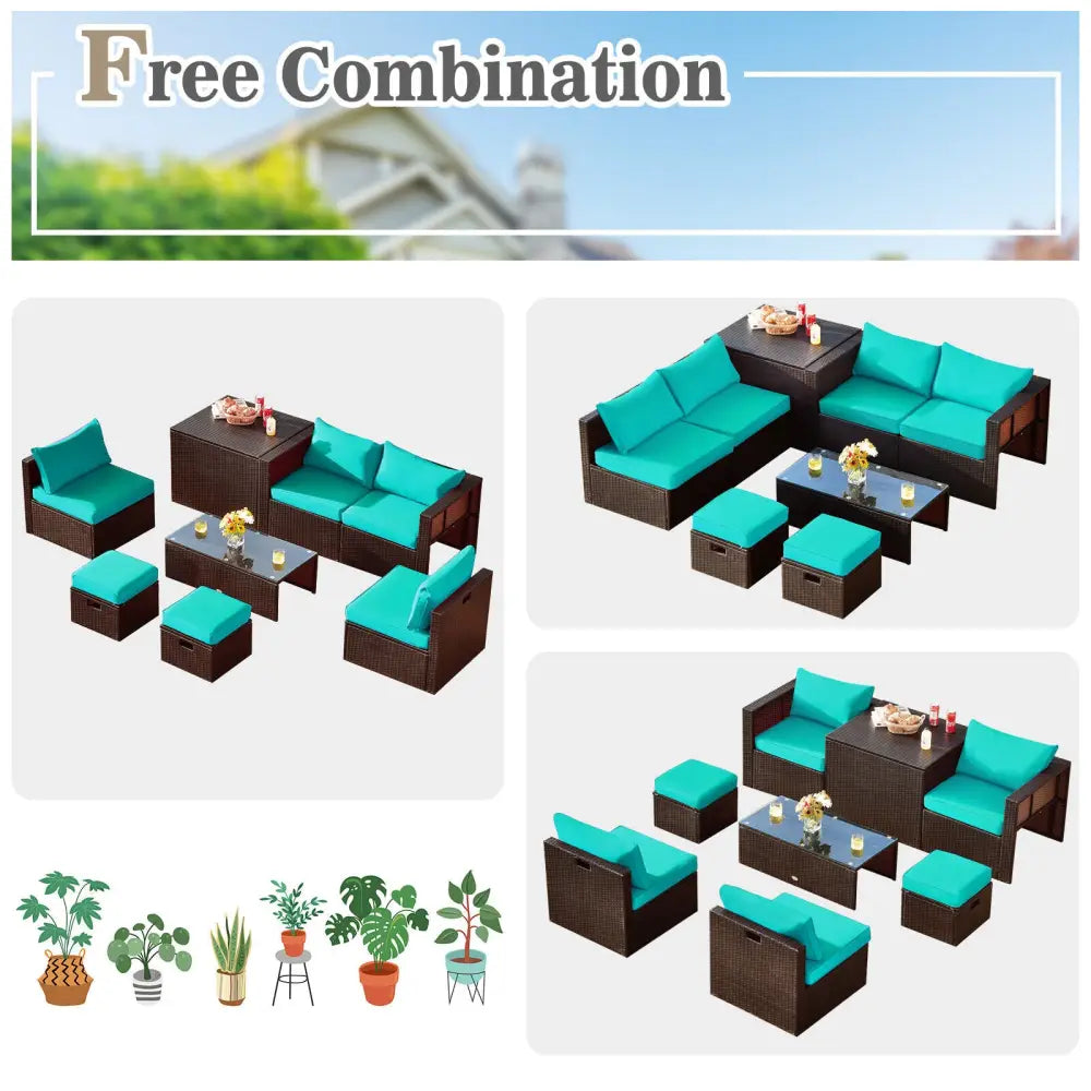8 Pieces Patio Space-Saving Rattan Furniture Set with Storage Box and Waterproof Cover-Turquoise - Turquoise - Outdoor