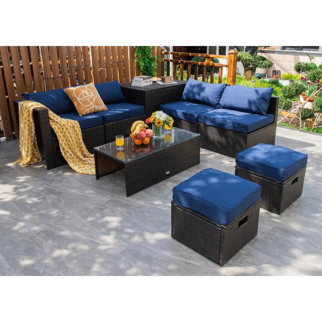 8 Pieces Patio Space-Saving Rattan Furniture Set with Storage Box and Waterproof Cover-Navy - Navy - Outdoor Sectionals