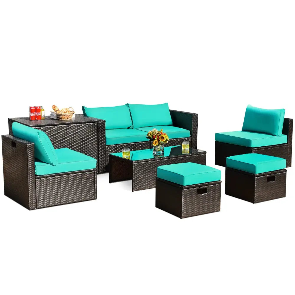 8 Pieces Patio Space-Saving Rattan Furniture Set with Storage Box and Waterproof Cover-Turquoise - Turquoise - Outdoor