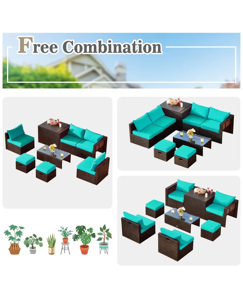 8 Pieces Patio Space-Saving Rattan Furniture Set with Storage Box and Waterproof Cover-Turquoise - Turquoise - Outdoor