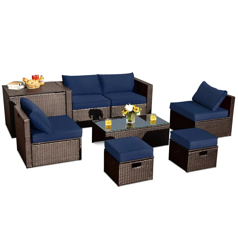 8 Pieces Patio Space-Saving Rattan Furniture Set with Storage Box and Waterproof Cover-Navy - Navy - Outdoor Sectionals