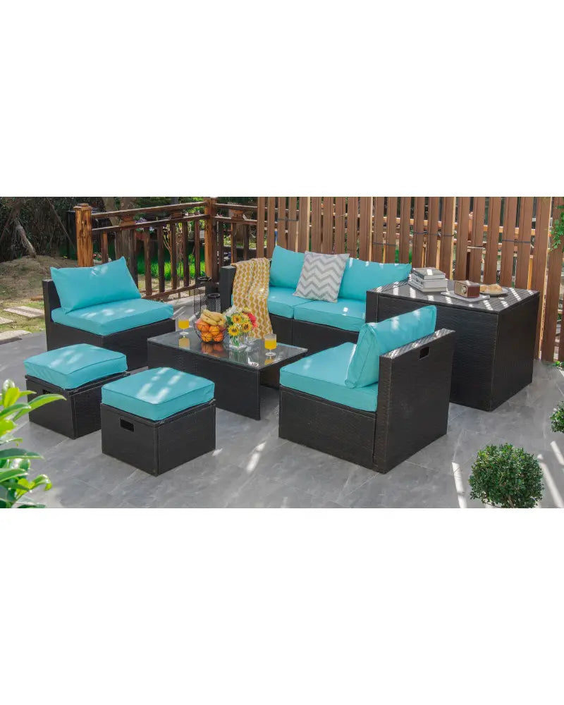 8 Pieces Patio Space-Saving Rattan Furniture Set with Storage Box and Waterproof Cover-Turquoise - Turquoise - Outdoor