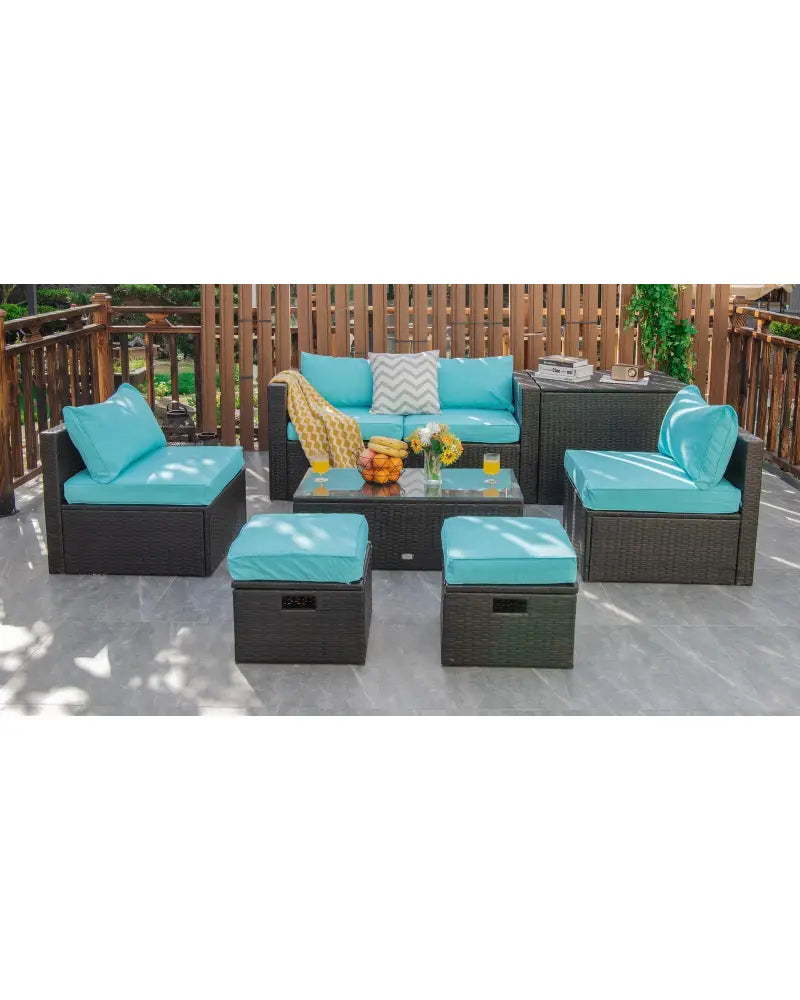 8 Pieces Patio Space-Saving Rattan Furniture Set with Storage Box and Waterproof Cover-Turquoise - Turquoise - Outdoor