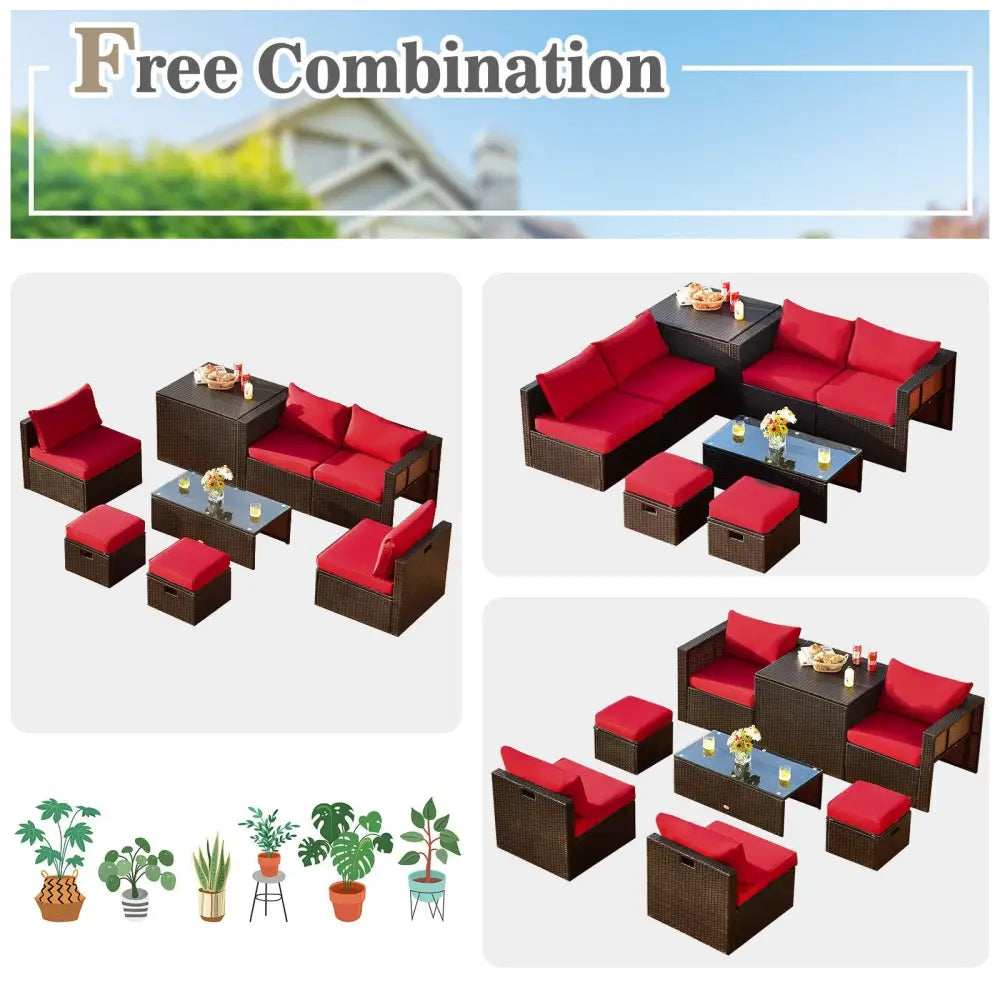 8 Pieces Patio Space-Saving Rattan Furniture Set with Storage Box and Waterproof Cover-Red - Red - Outdoor Sectionals