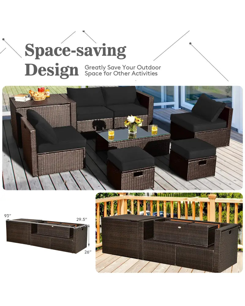 8 Pieces Patio Space-Saving Rattan Furniture Set with Storage Box and Waterproof Cover-Black - Black - Outdoor
