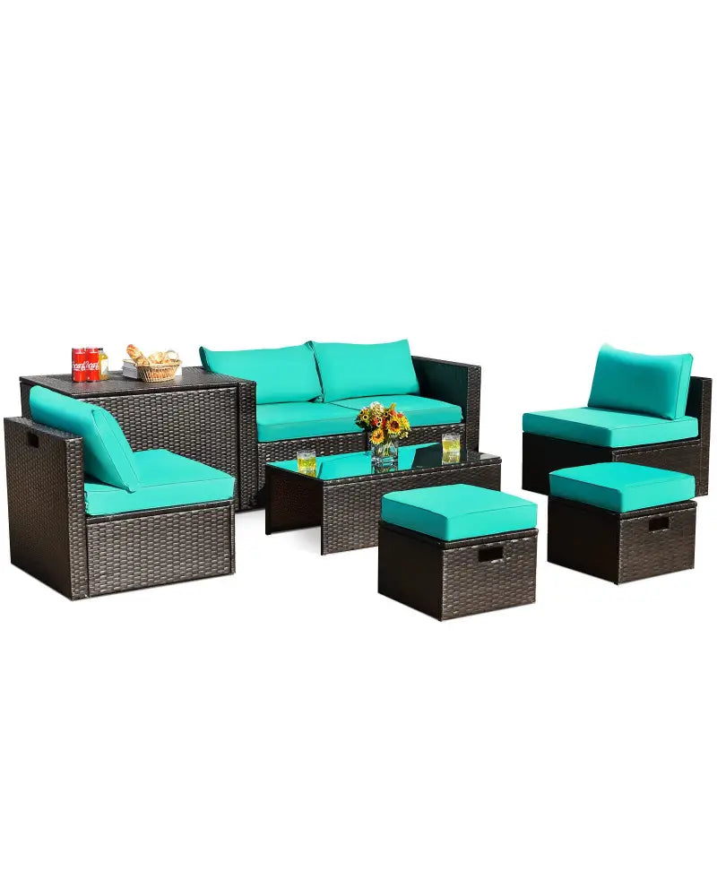 8 Pieces Patio Space-Saving Rattan Furniture Set with Storage Box and Waterproof Cover-Turquoise - Turquoise - Outdoor