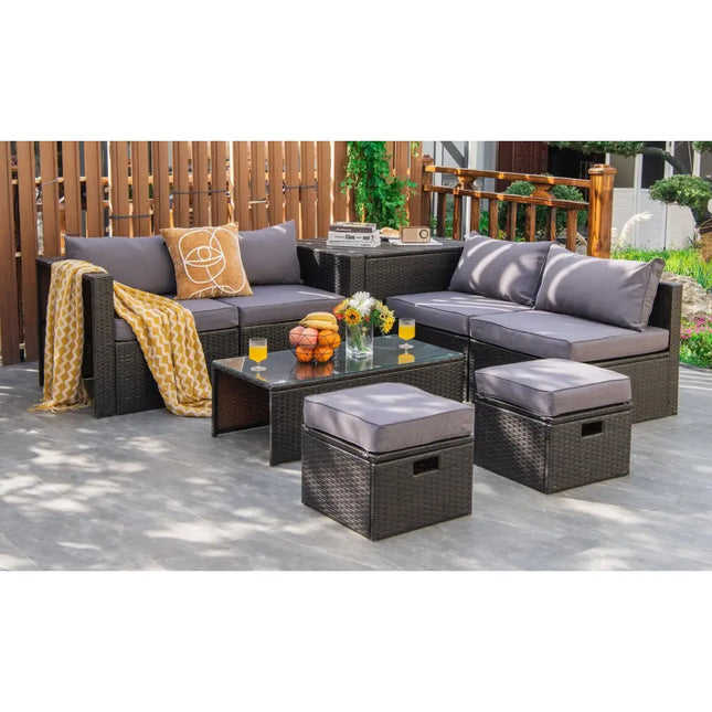 8 Pieces Patio Space-Saving Rattan Furniture Set with Storage Box and Waterproof Cover-Gray - Gray - Outdoor Sectionals