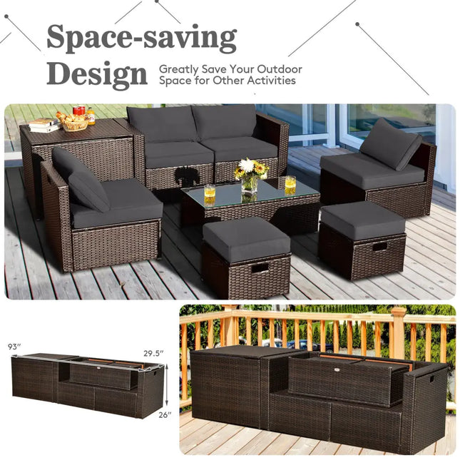 8 Pieces Patio Space-Saving Rattan Furniture Set with Storage Box and Waterproof Cover-Gray - Gray - Outdoor Sectionals