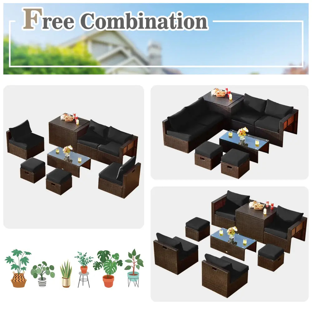 8 Pieces Patio Space-Saving Rattan Furniture Set with Storage Box and Waterproof Cover-Black - Black - Outdoor
