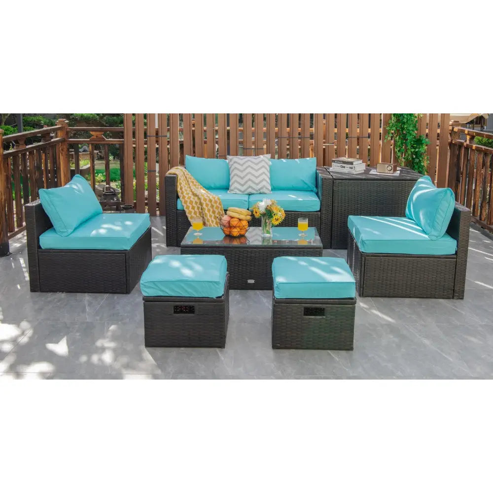 8 Pieces Patio Space-Saving Rattan Furniture Set with Storage Box and Waterproof Cover-Turquoise - Turquoise - Outdoor