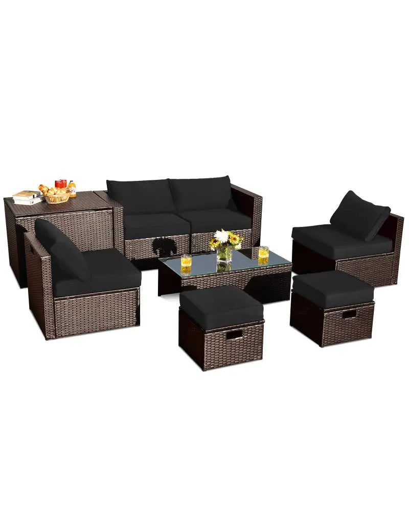 8 Pieces Patio Space-Saving Rattan Furniture Set with Storage Box and Waterproof Cover-Black - Black - Outdoor