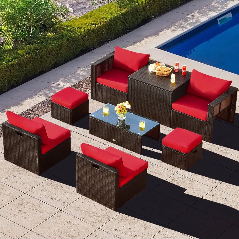8 Pieces Patio Space-Saving Rattan Furniture Set with Storage Box and Waterproof Cover-Red - Red - Outdoor Sectionals