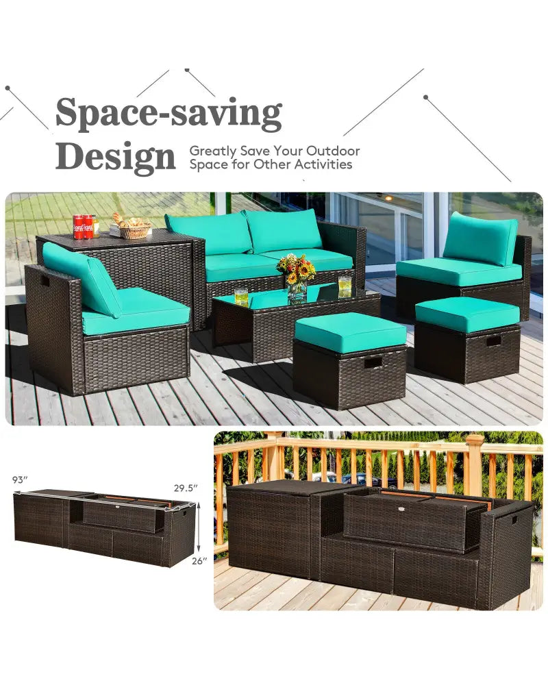 8 Pieces Patio Space-Saving Rattan Furniture Set with Storage Box and Waterproof Cover-Turquoise - Turquoise - Outdoor