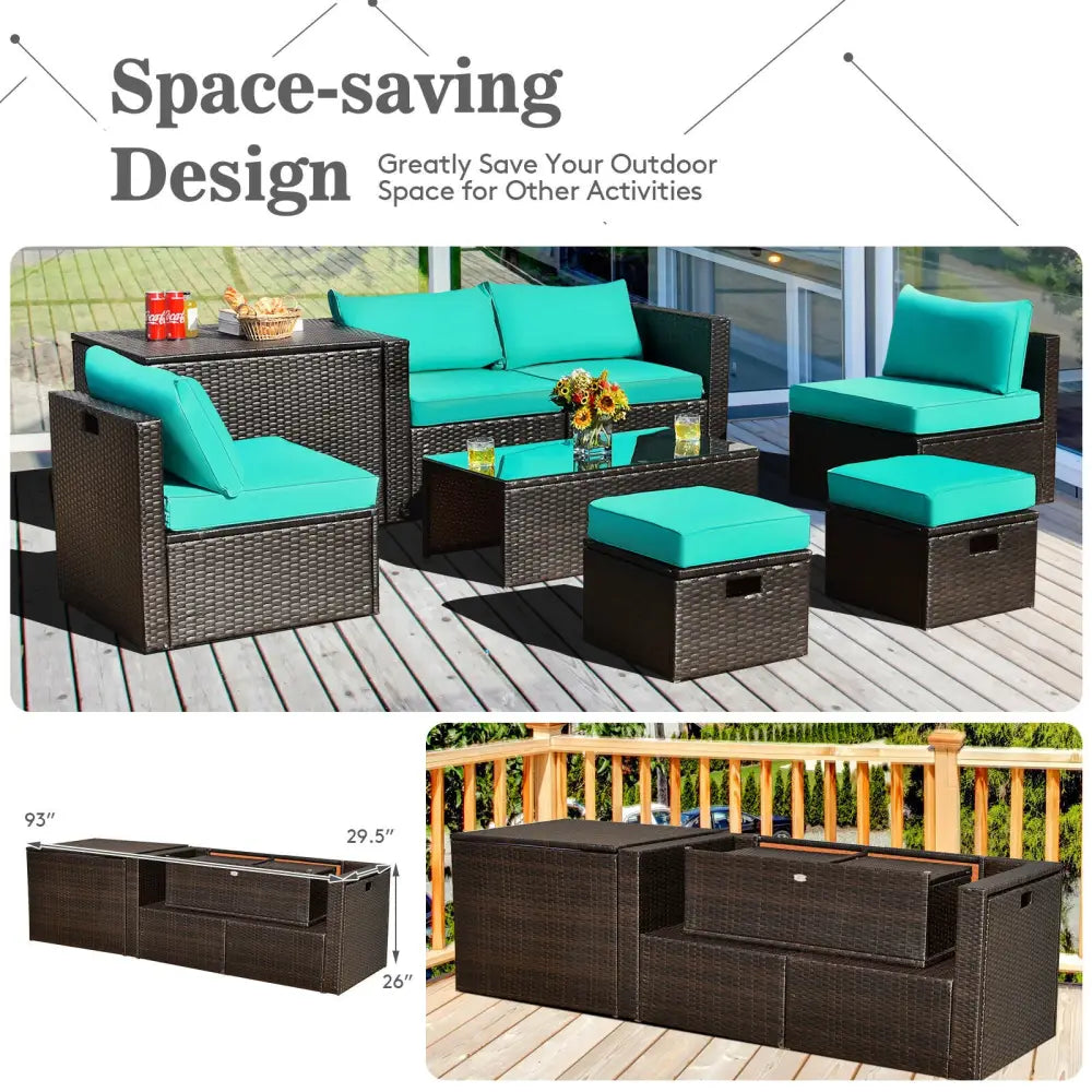 8 Pieces Patio Space-Saving Rattan Furniture Set with Storage Box and Waterproof Cover-Turquoise - Turquoise - Outdoor
