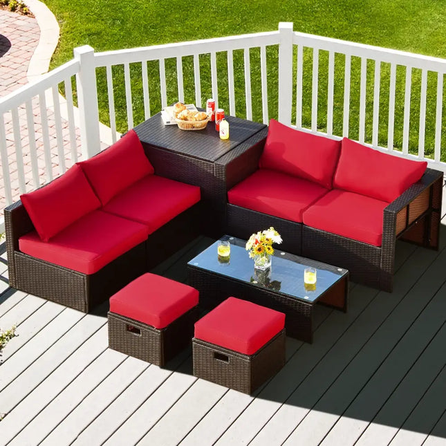 8 Pieces Patio Space-Saving Rattan Furniture Set with Storage Box and Waterproof Cover-Red - Red - Outdoor Sectionals