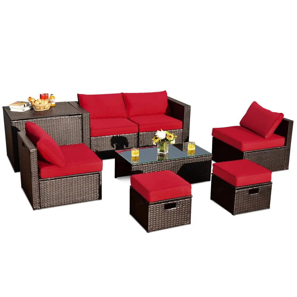 8 Pieces Patio Space-Saving Rattan Furniture Set with Storage Box and Waterproof Cover-Red - Red - Outdoor Sectionals