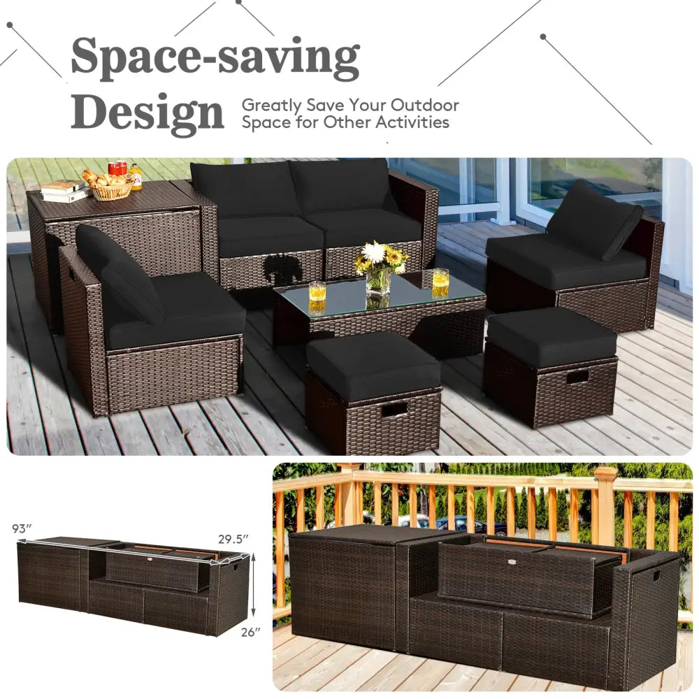 8 Pieces Patio Space-Saving Rattan Furniture Set with Storage Box and Waterproof Cover-Black - Black - Outdoor
