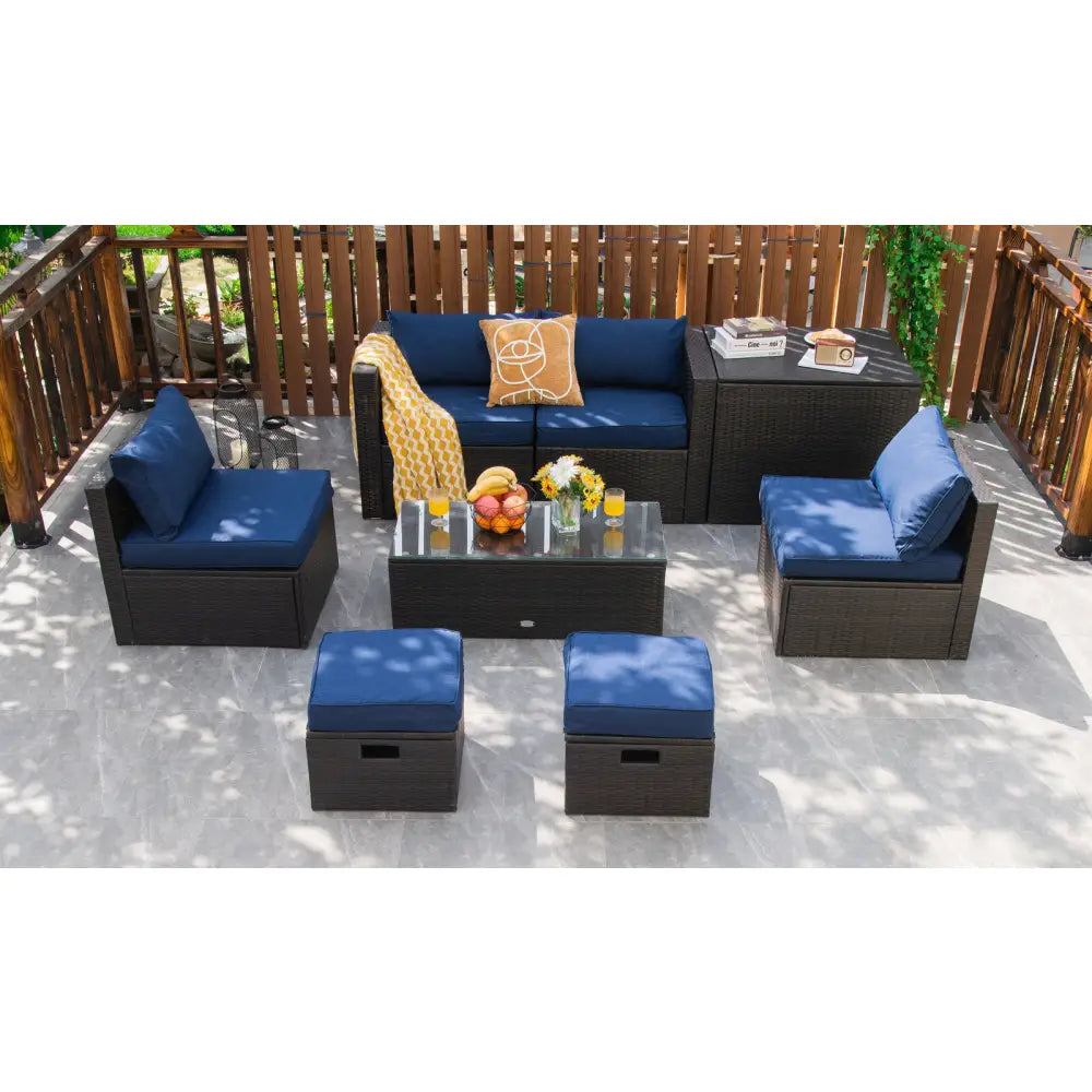 8 Pieces Patio Space-Saving Rattan Furniture Set with Storage Box and Waterproof Cover-Navy - Navy - Outdoor Sectionals