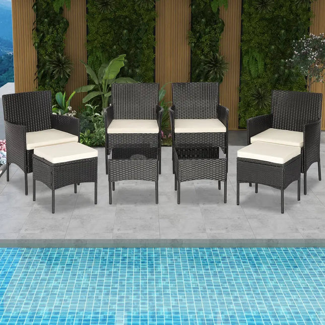8 Pieces Patio Wicker Conversation Set with 2 Coffee Tables and 2 Ottomans - Off White - Patio Conversation Sets