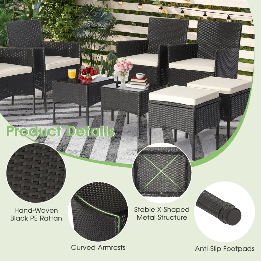 8 Pieces Patio Wicker Conversation Set with 2 Coffee Tables and 2 Ottomans - Off White - Patio Conversation Sets